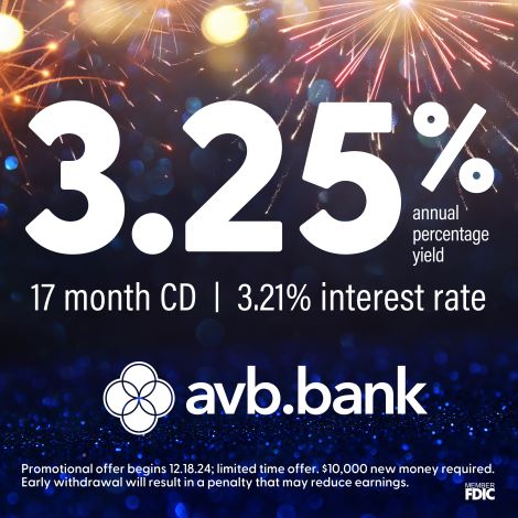 Web Banner with fireworks. Verbiage included:
3.25% Annual Percentage Yield. 
17-Month CD | 3.21% interest rate. 
AVB.Bank
Promotional offer begins 12.18.24; limited time offer. $10,000 new money required. Early withdrawal will result in a penalty that may reduce earnings. 